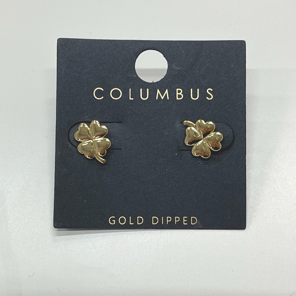 Columbus Gold Dipped Four Leaf Clover Shamrock Stud Earrings Lucky Jewelry NEW